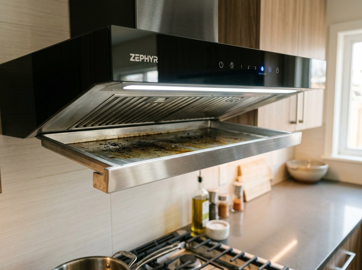 Kitchen auto-clean chimney showing lower oil collector tray and LED illumination