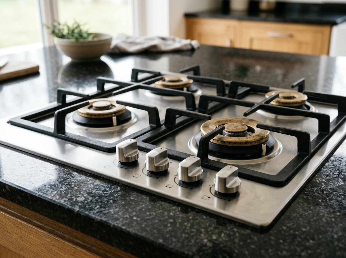 Built-in 4-burner gas hob flush-mounted into kitchen countertop