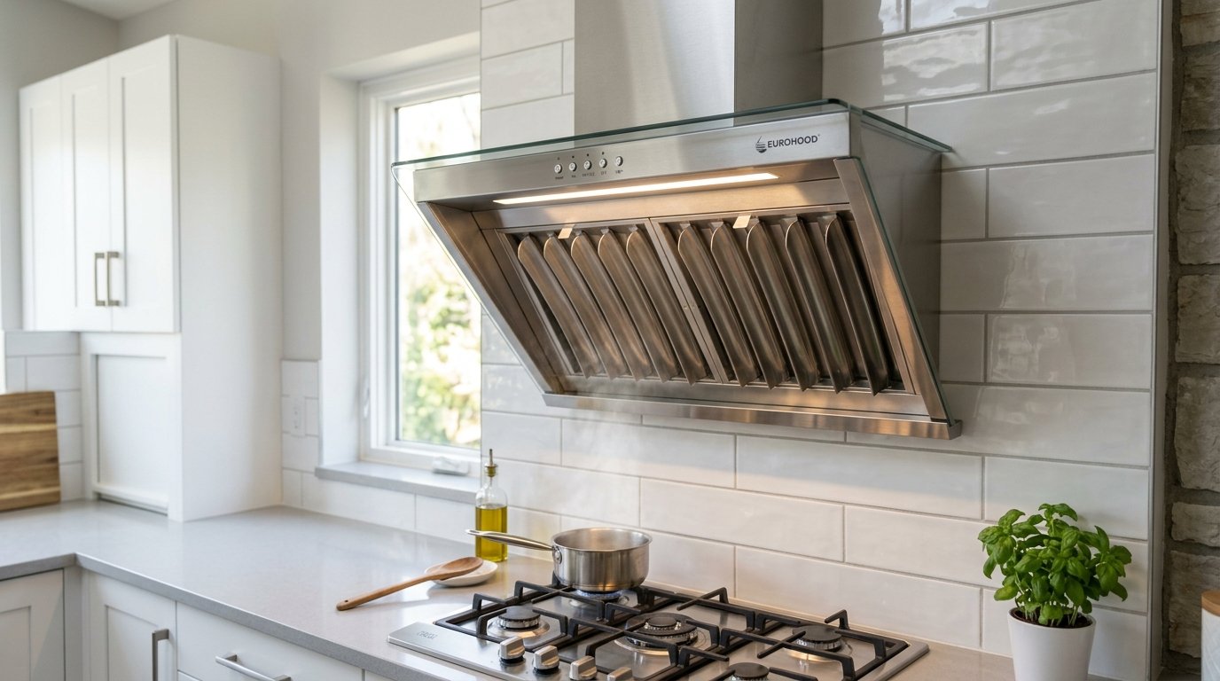 Filterless kitchen chimney hood with inclined baffle intake above cooking counter